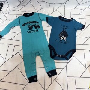 Lazy One Romper & Bodysuit Set 6 Mo Teal Blue Bear Bat Cotton Snug Fit